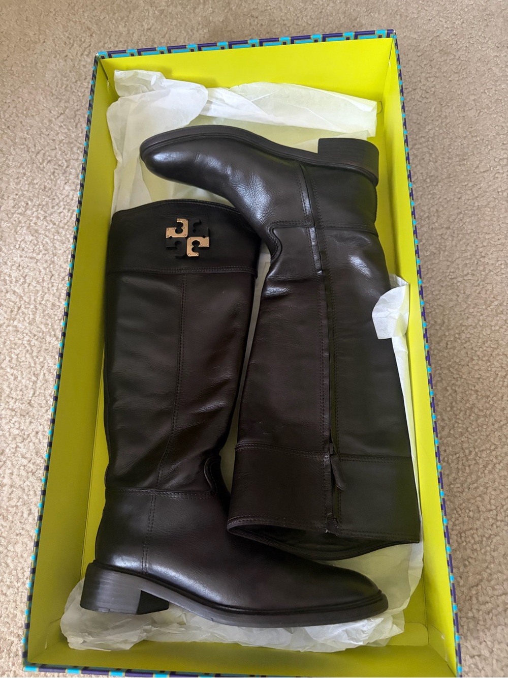 Women’s Lowell Tory Burch Dark Brown Leather Knee Boots with Gold Logo